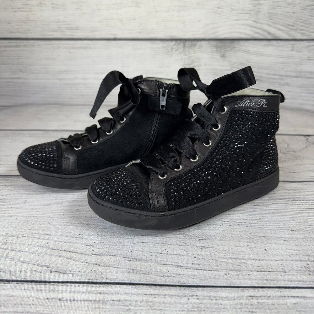 Alice Pi Leather Lace Up Rhinestones High Top Girls Leather Sneakers Size 30